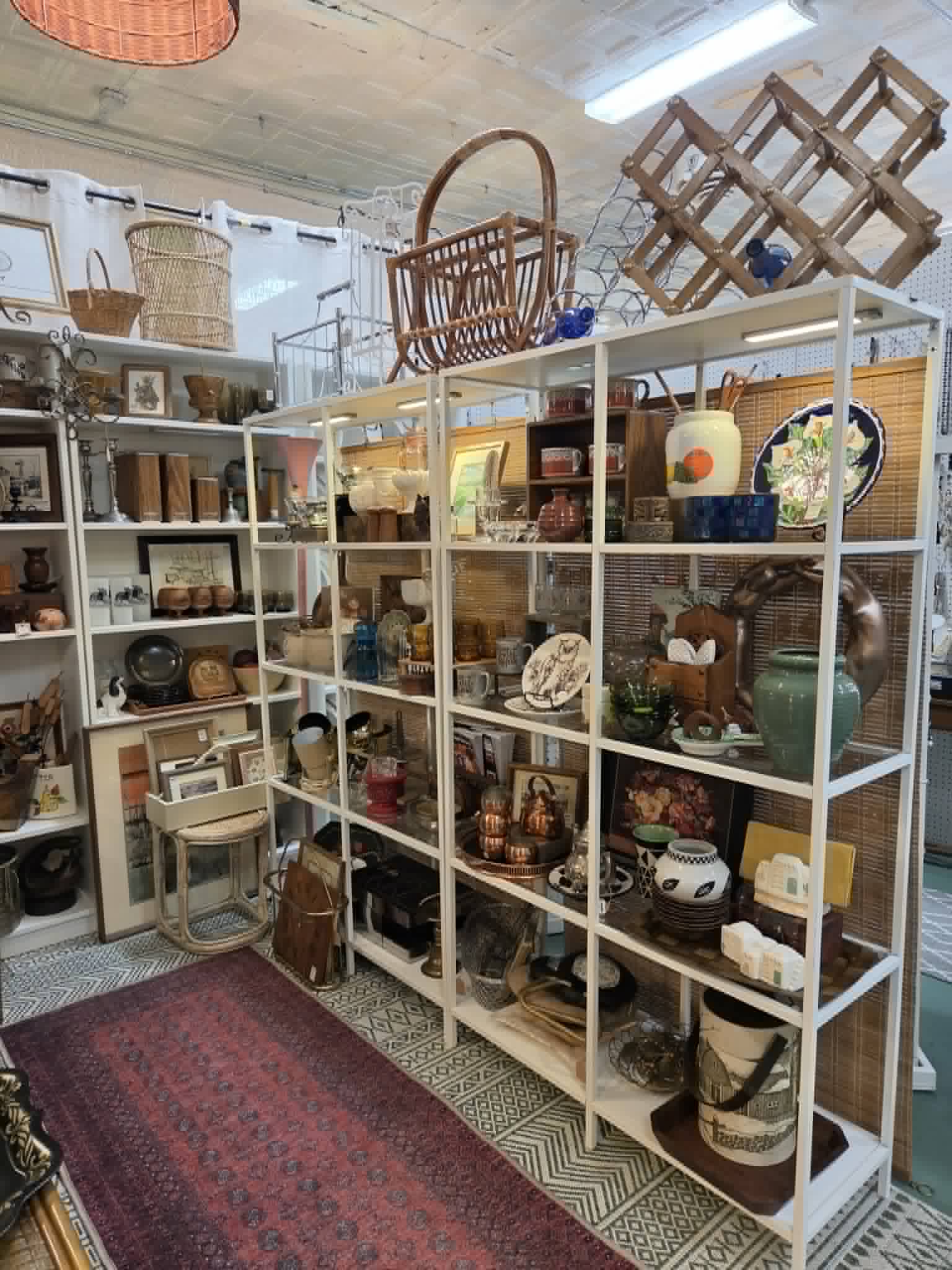 Oddities and curiosities, framed prints, and vintage lamps