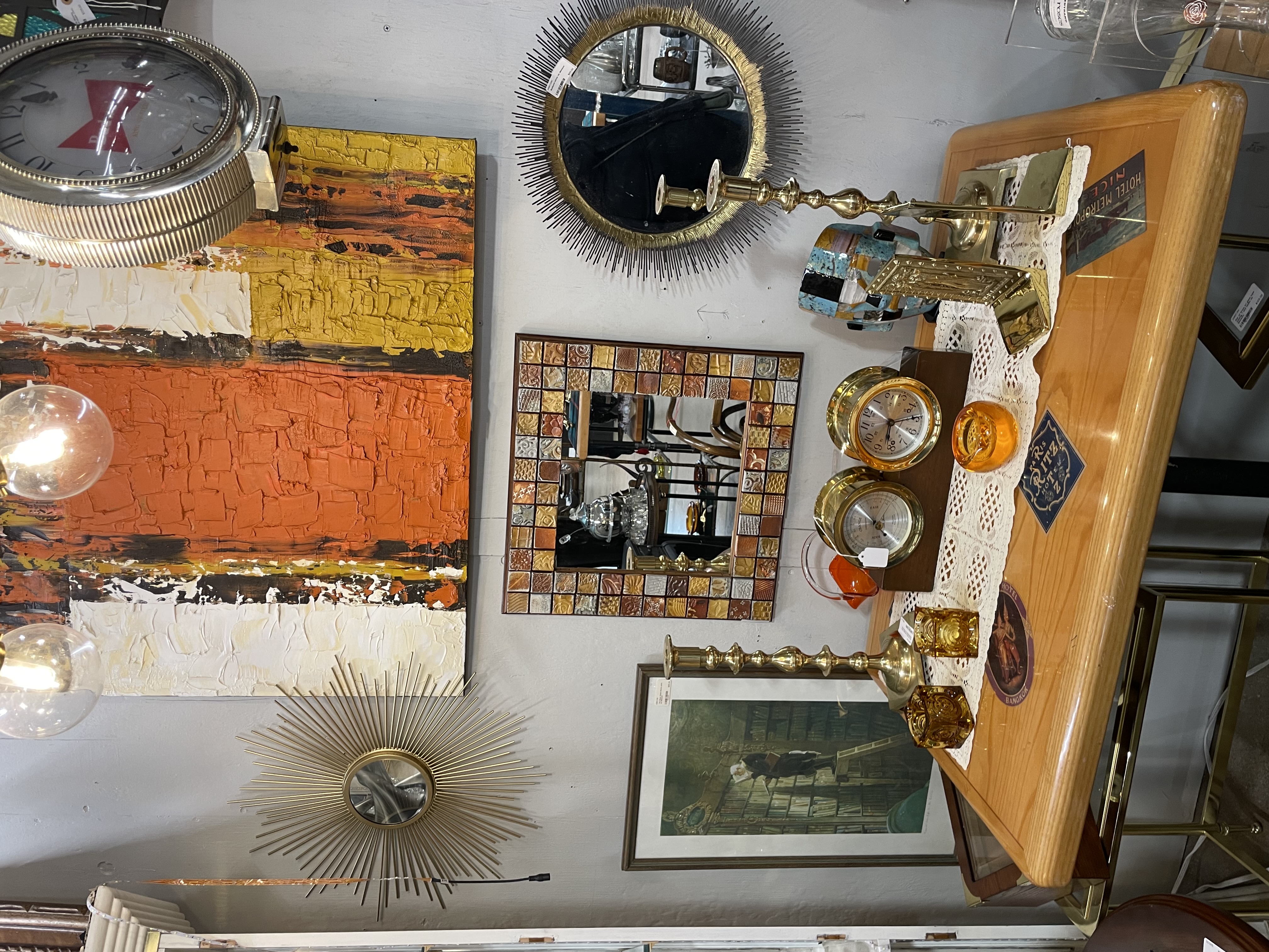 framed prints, paintings, vintage mirrors, vintage lamps, vintage clocks