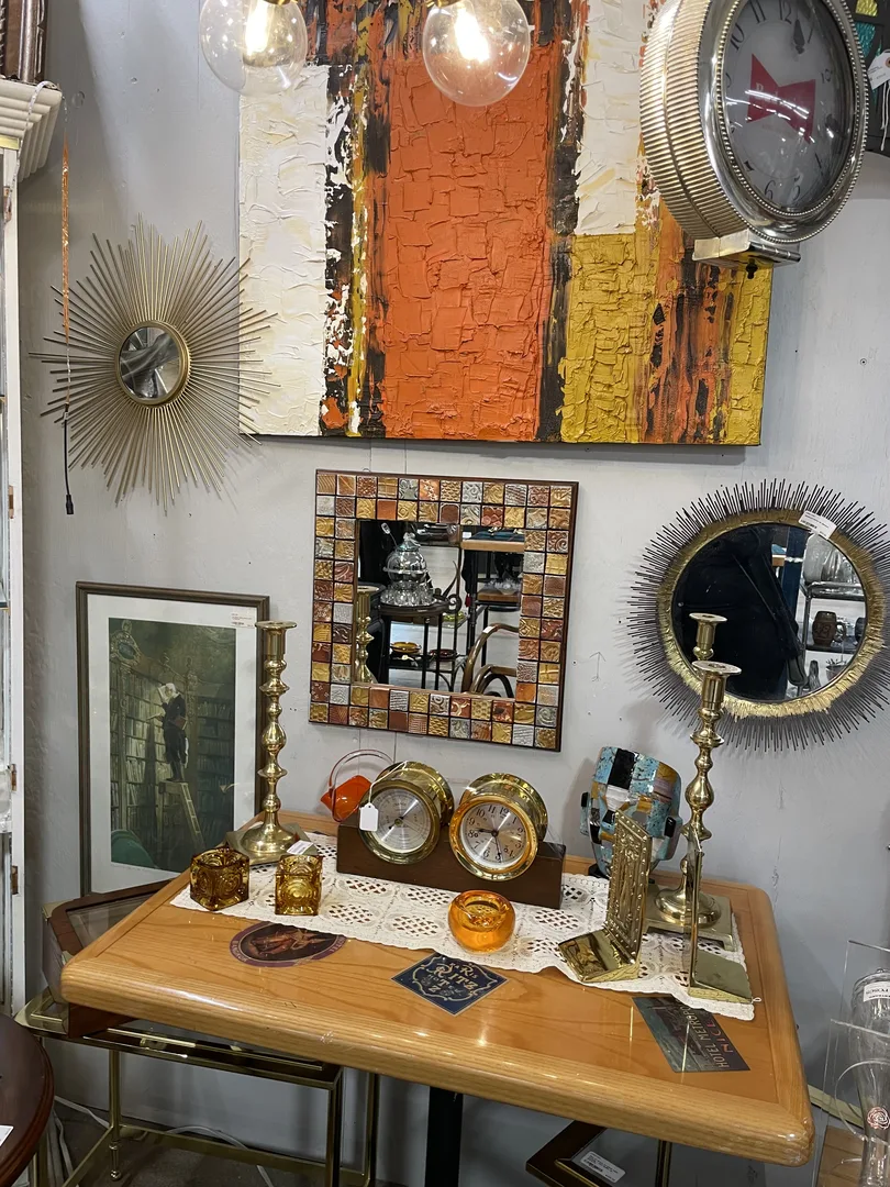 framed prints, paintings, vintage mirrors, vintage lamps, vintage clocks