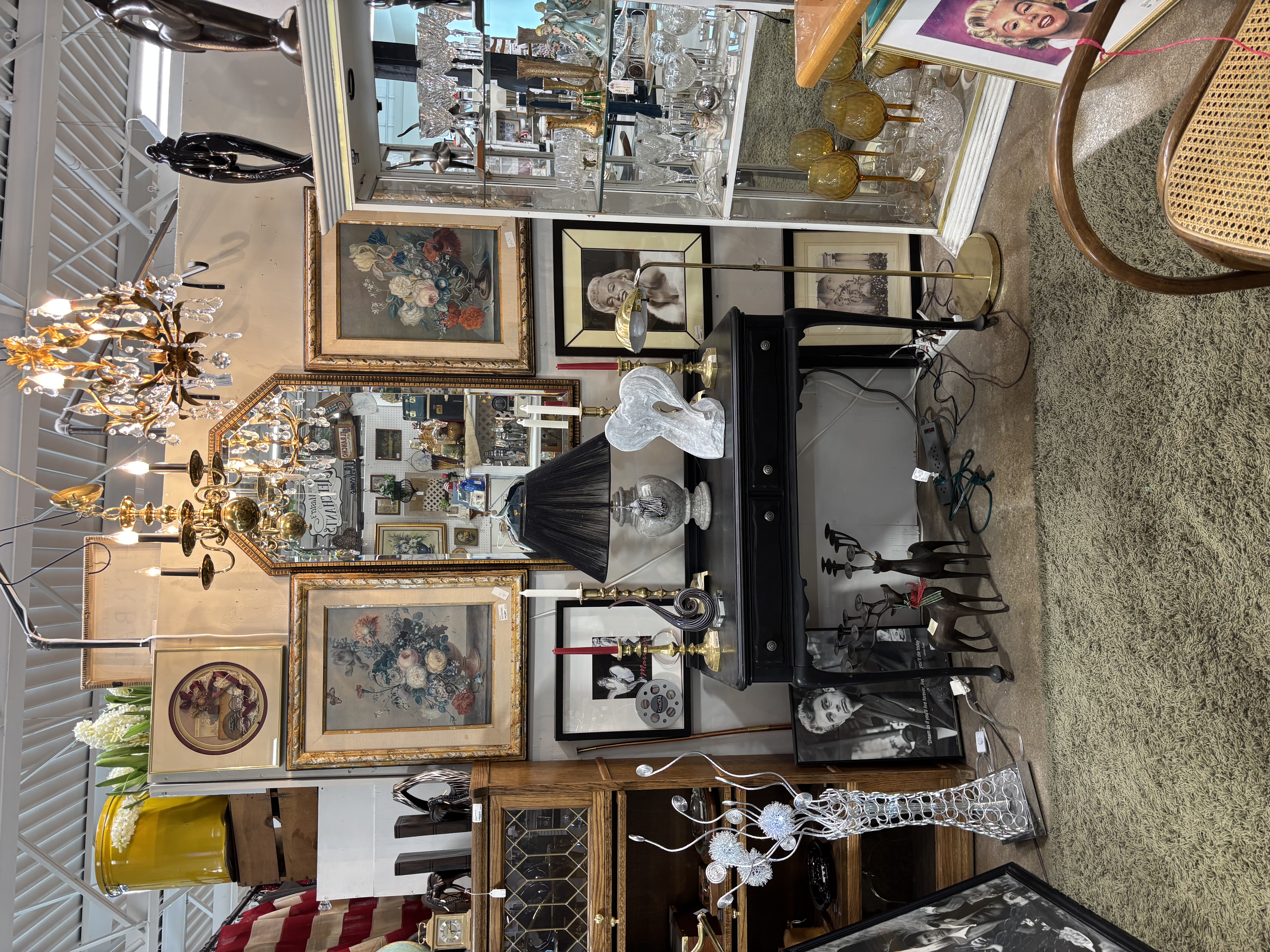 Oddities and curiosities, framed prints, and vintage lamps