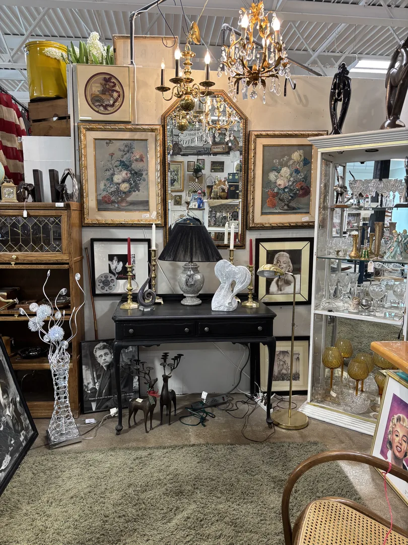 Oddities and curiosities, framed prints, and vintage lamps